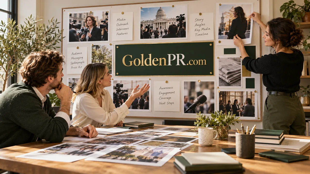 Illustrative communications planning studio with GoldenPR.com branding